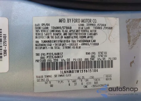 2005 Lincoln Town Car Signature z USA, uszkodzony, nr VIN 1LNHM81W15Y615184